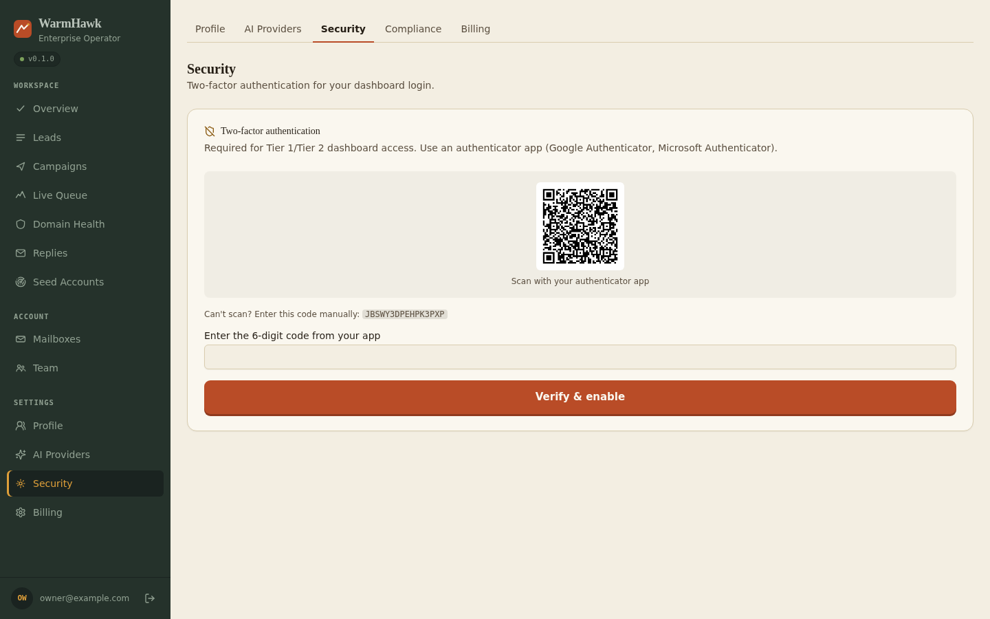 WarmHawk operator dashboard Security page, two-factor authentication setup